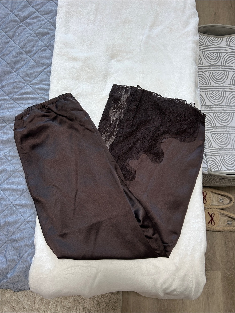 Women's Brown Satin Lace Trim Sleep Pants